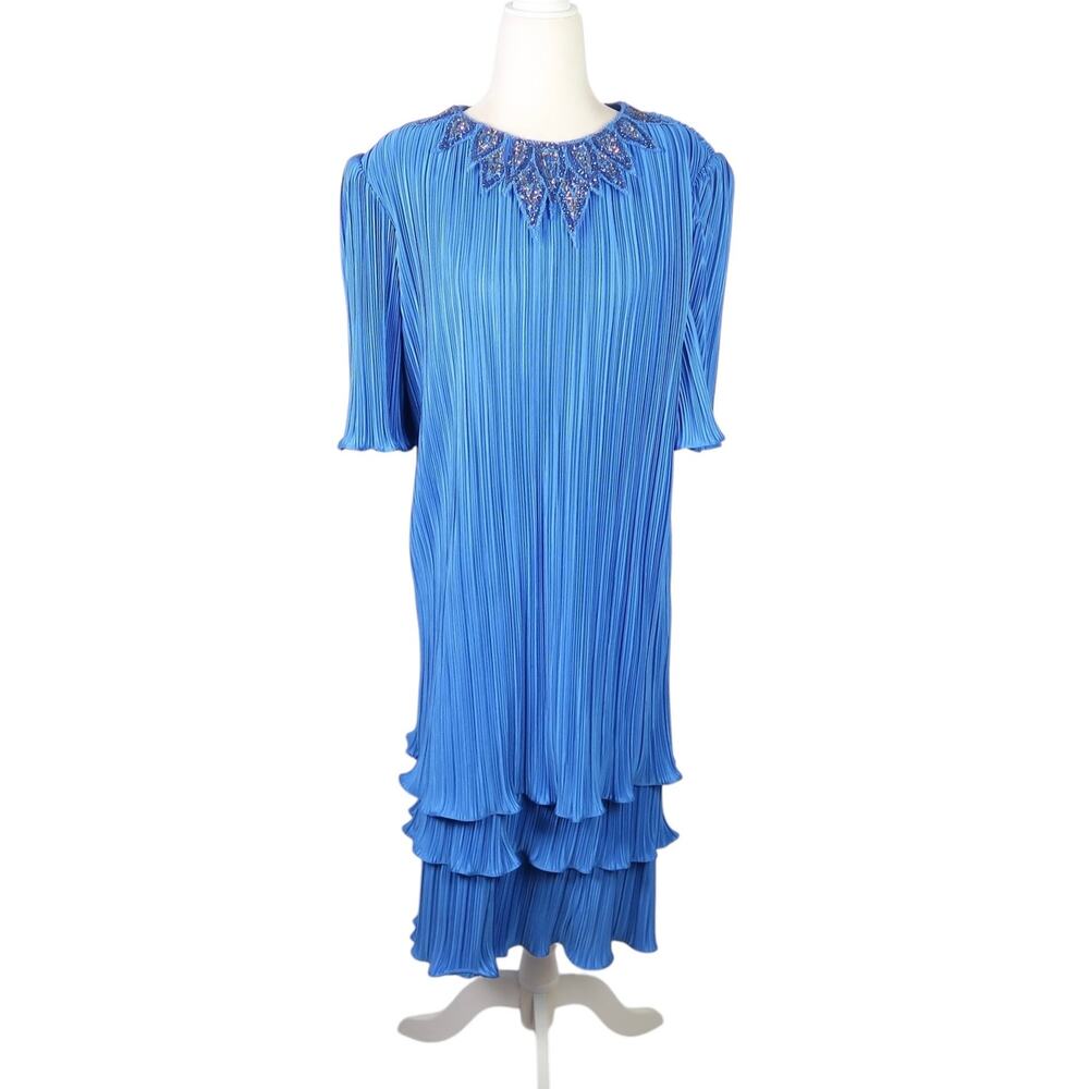 Vintage 80s Gilberti cobalt blue plisse tiered midi dress 12